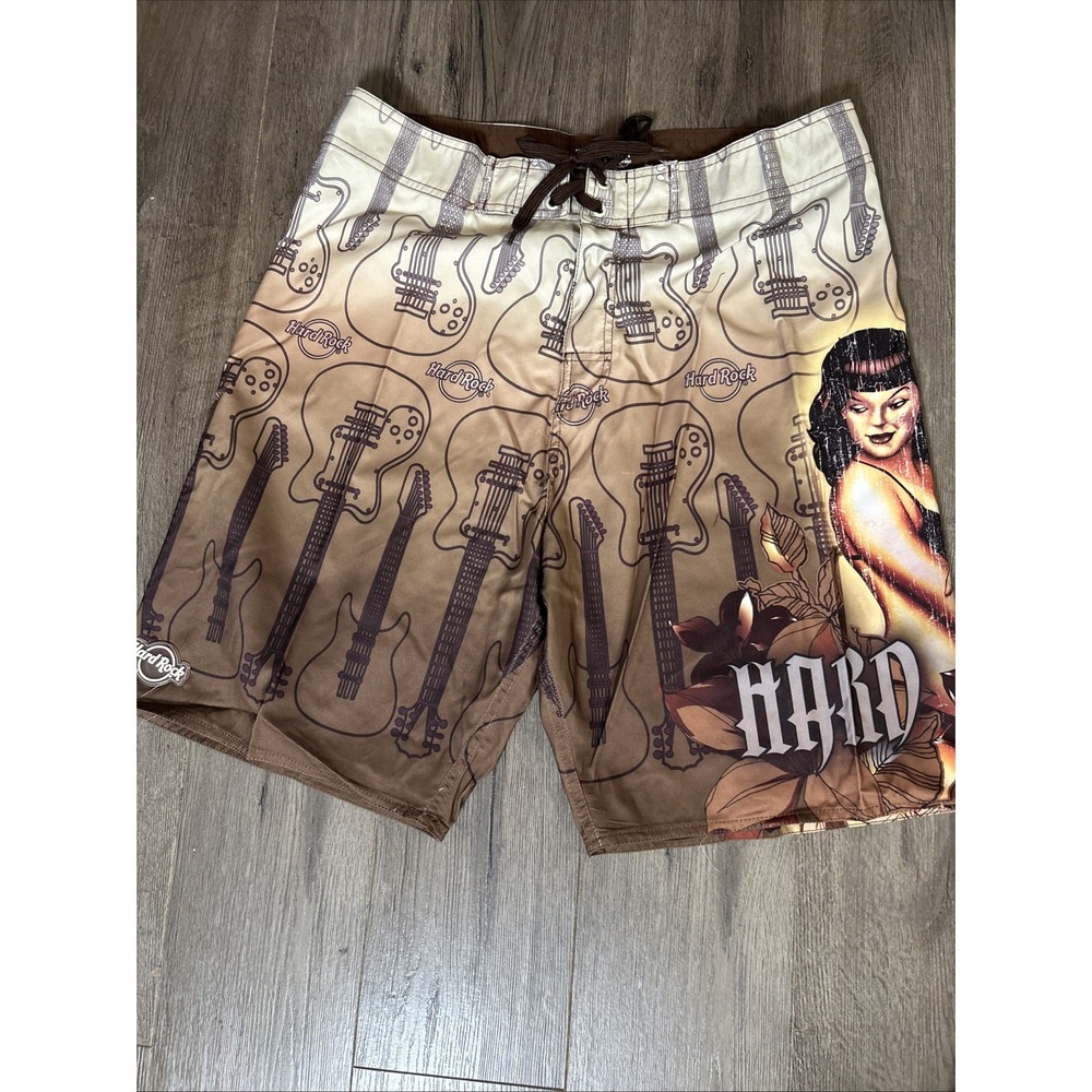 Hard Rock Mens 34 Board Shorts Swim Trunks Ombre Guitars Surf Pinup Girl New